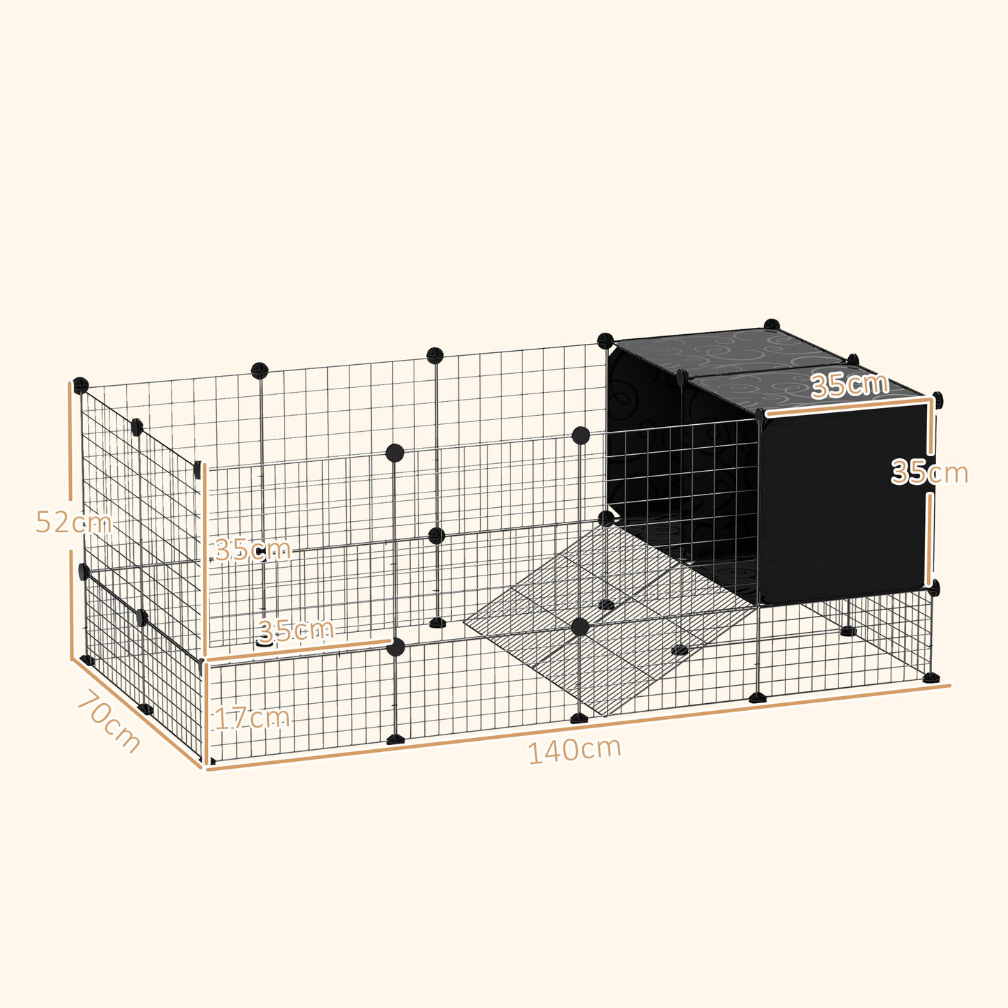 DIY Small Animal Cage with Elevated Huts, C&C Cage for Guinea Pigs, Hedgehogs, Rabbits, 31 Panels, Black