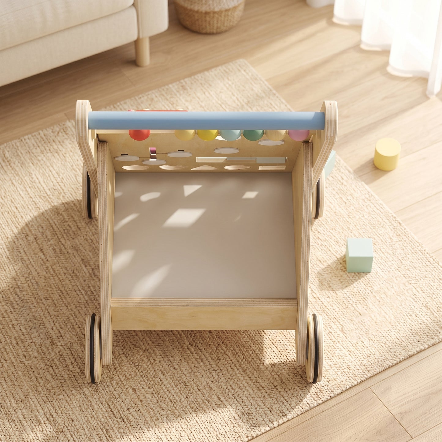 Wooden Baby Walker, Toddler Push Along Walker with Speed Control, Activity Centre and 5 Blocks for 18 Months+, Natural
