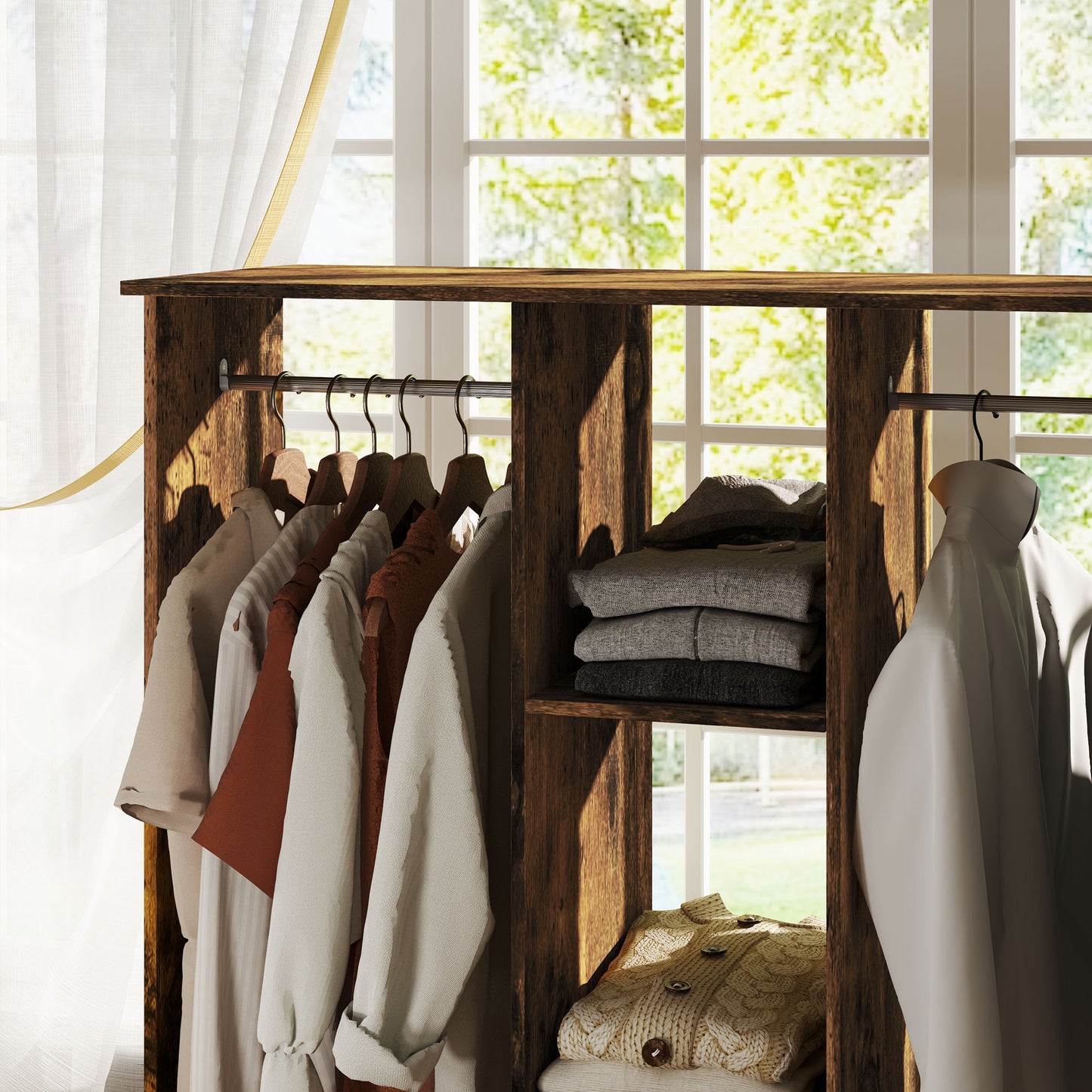 Open Wardrobe Double Mobile Storage Shelves Organizer W/6 Wheels-Rustic Brown