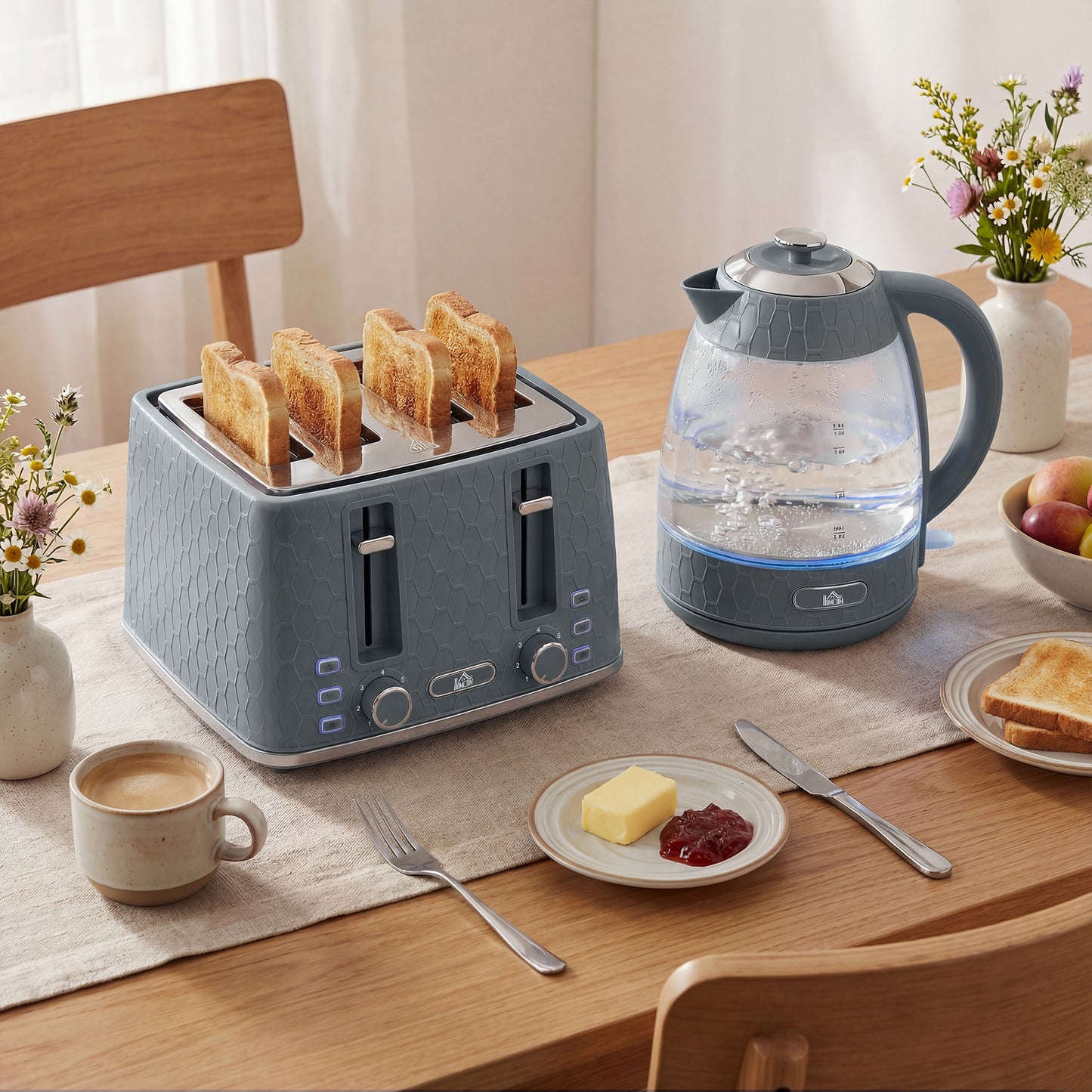 Kettle and Toaster Set, 1.7L 3000W Rapid Kettle with Strix Thermostat, 4 Slice Toaster with 7 Browning Controls, Grey