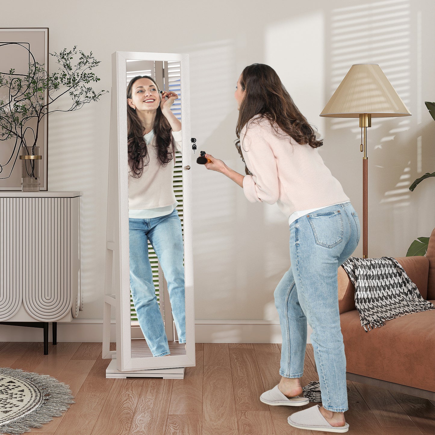 360° Swivel Jewellery Cabinet, Free Standing Full Length Mirror with Storage