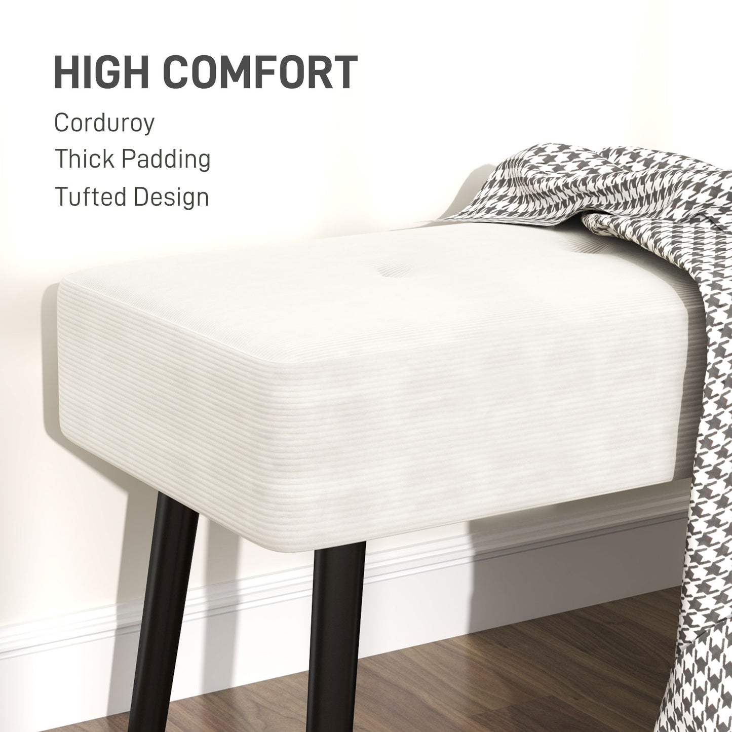 End of Bed Bench, Corduroy Bedroom Bench with Thick Padding and Steel Legs, Tufted Window Seat for Entryway, Living Room
