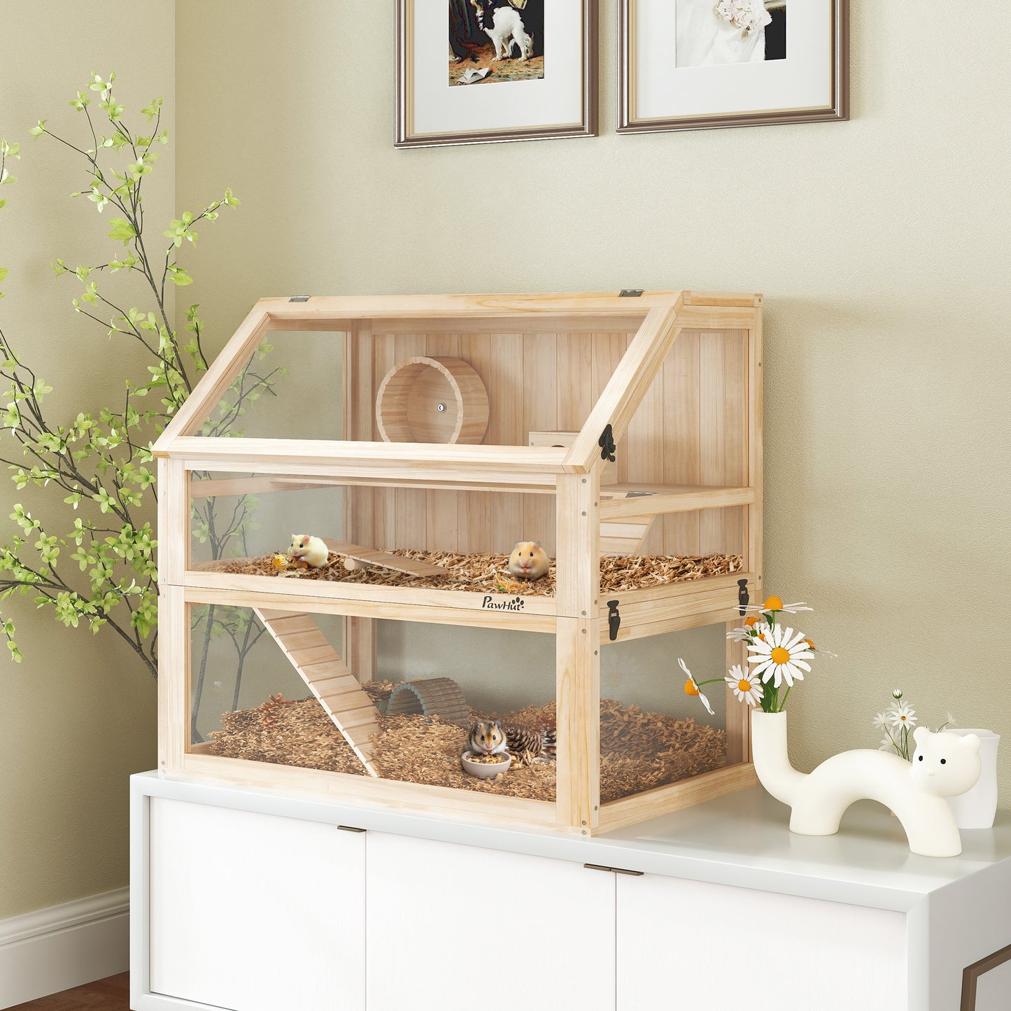 Wooden Hamster Cage with Detachable 31cm Deep Bottom, Hut, Seesaw, Exercise Wheel, Ramp, 80 x 50 x 76cm, Natural