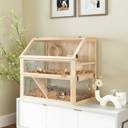 Wooden Hamster Cage with Detachable 31cm Deep Bottom, Hut, Seesaw, Exercise Wheel, Ramp, 80 x 50 x 76cm, Natural