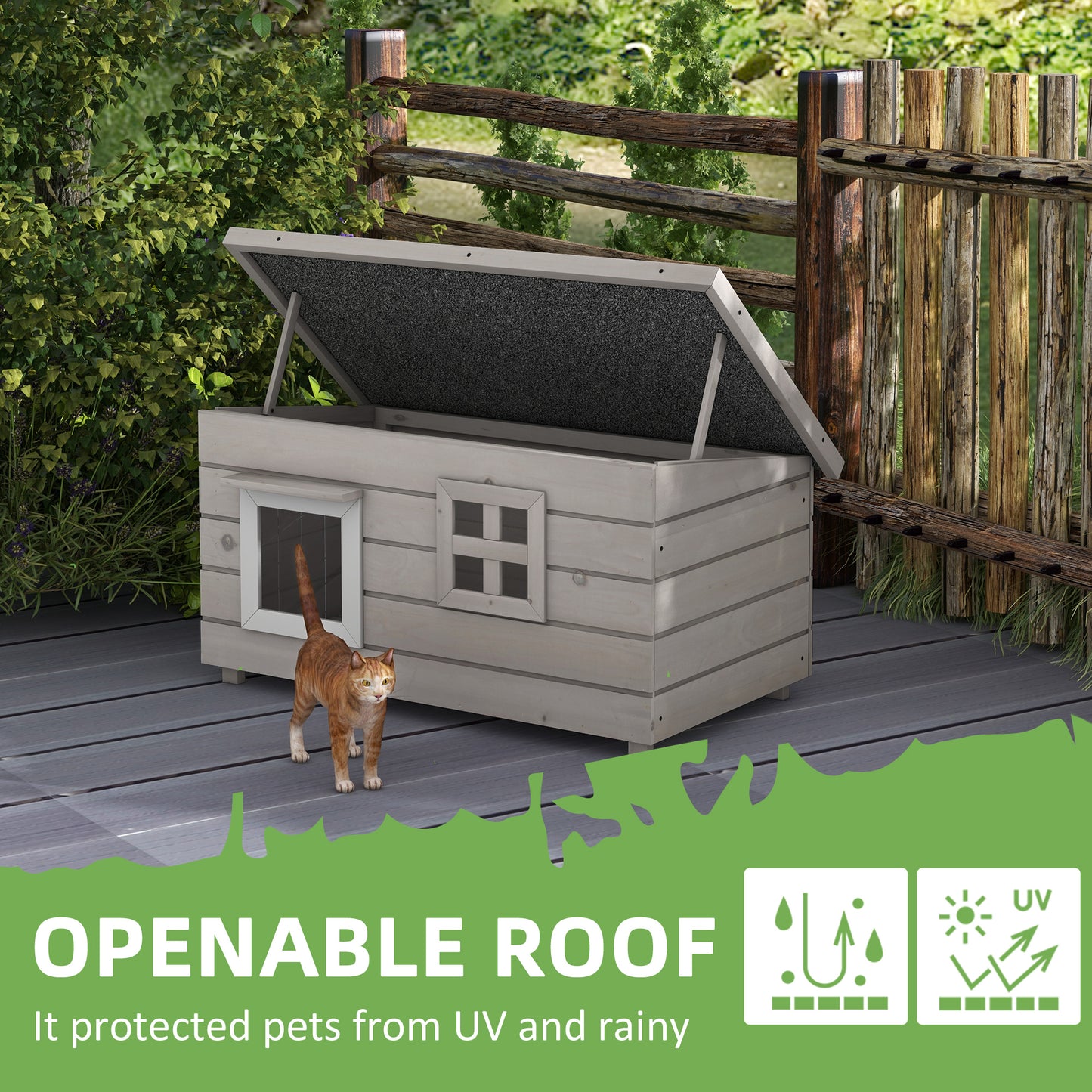 Wooden Outdoor Cat House, Elevated Cat Shelter Kennel, Pet Play House with Openable Top, Asphalt Roof, Window, Grey