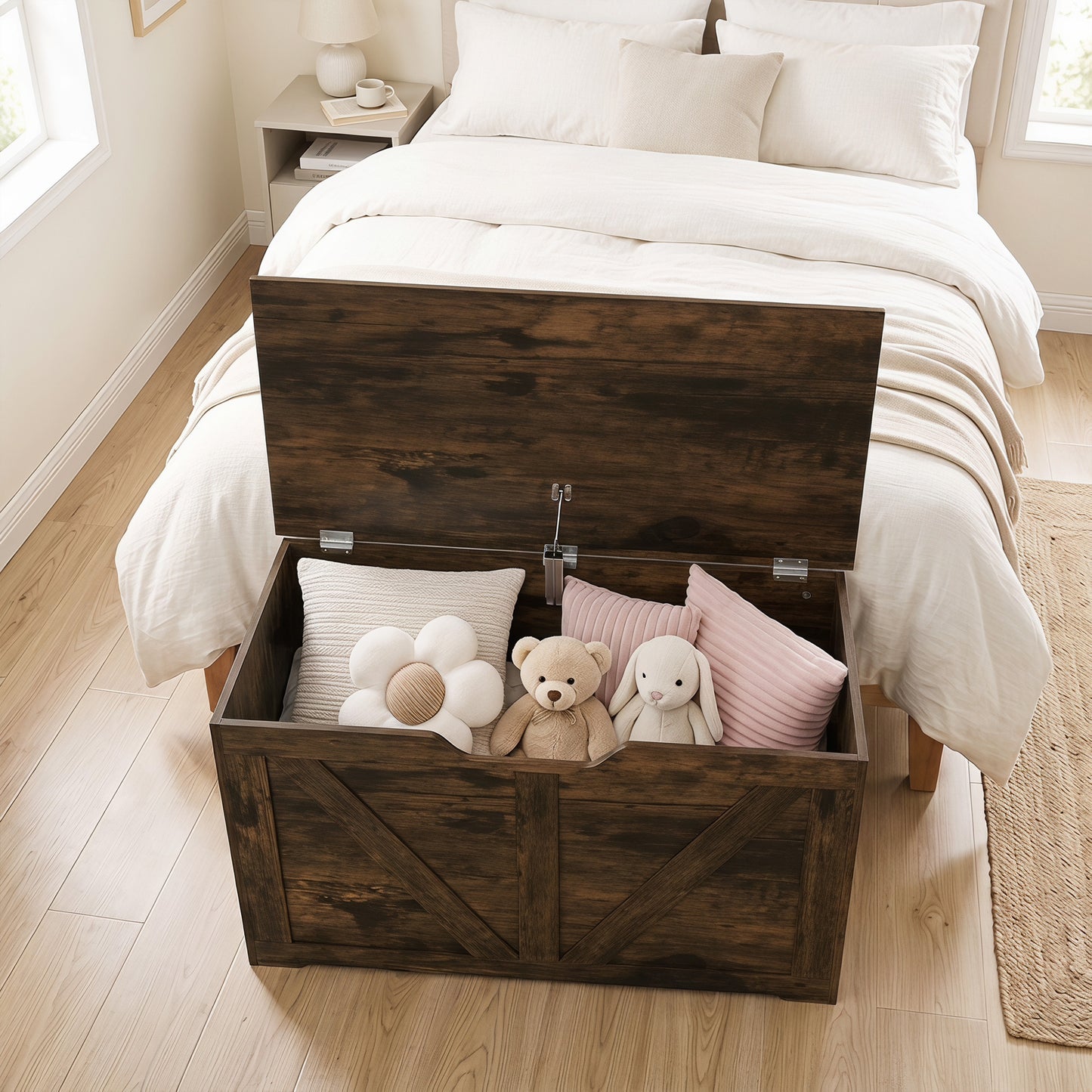 100L Home Storage Box, with Safety Hinge - Rustic Brown Wood-Effect