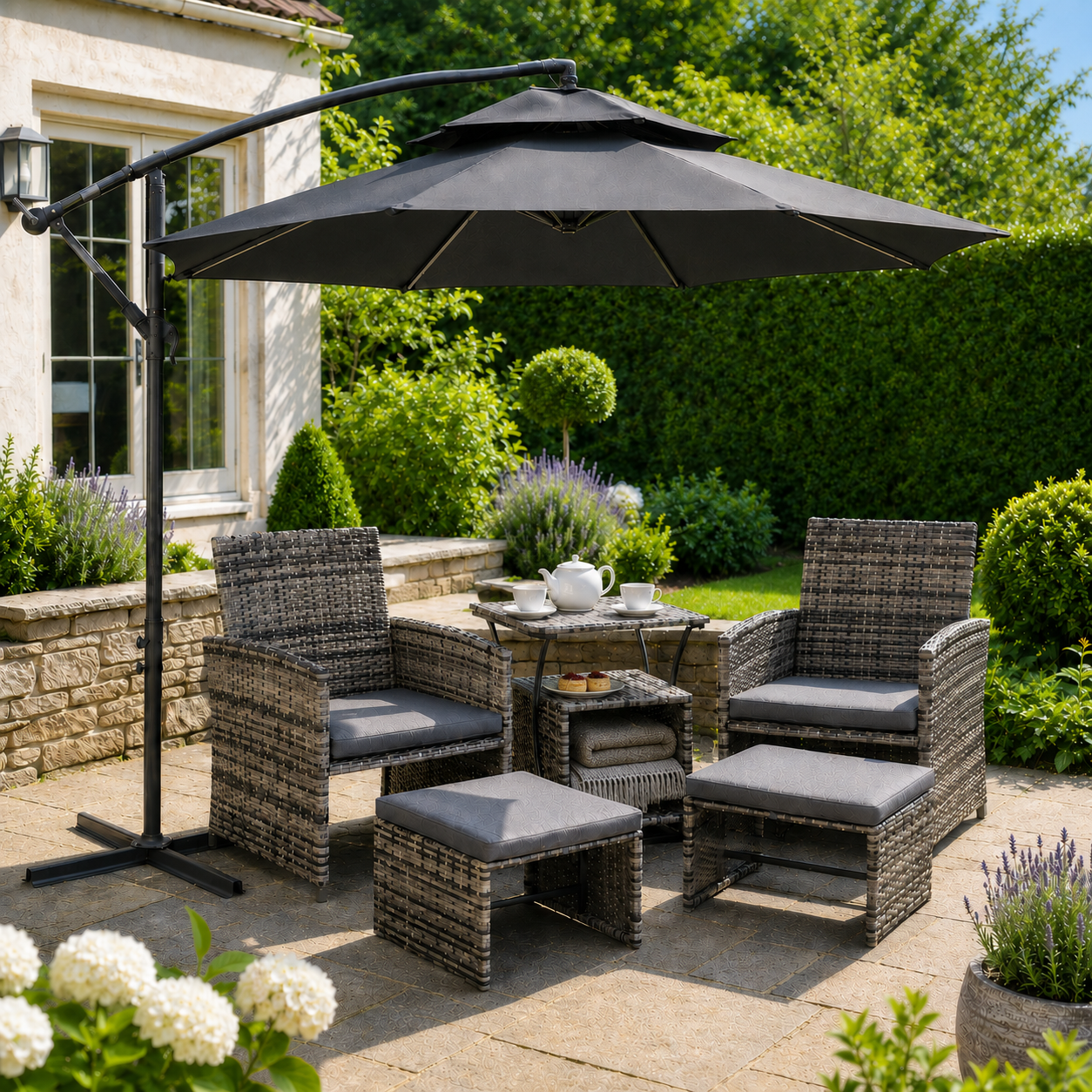 3(m) Cantilever Banana Parasol Hanging Umbrella with LED Solar lights, Crank, 8 Sturdy Ribs and Cross Base for Outdoor