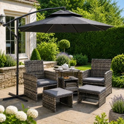 3(m) Cantilever Banana Parasol Hanging Umbrella with LED Solar lights, Crank, 8 Sturdy Ribs and Cross Base for Outdoor