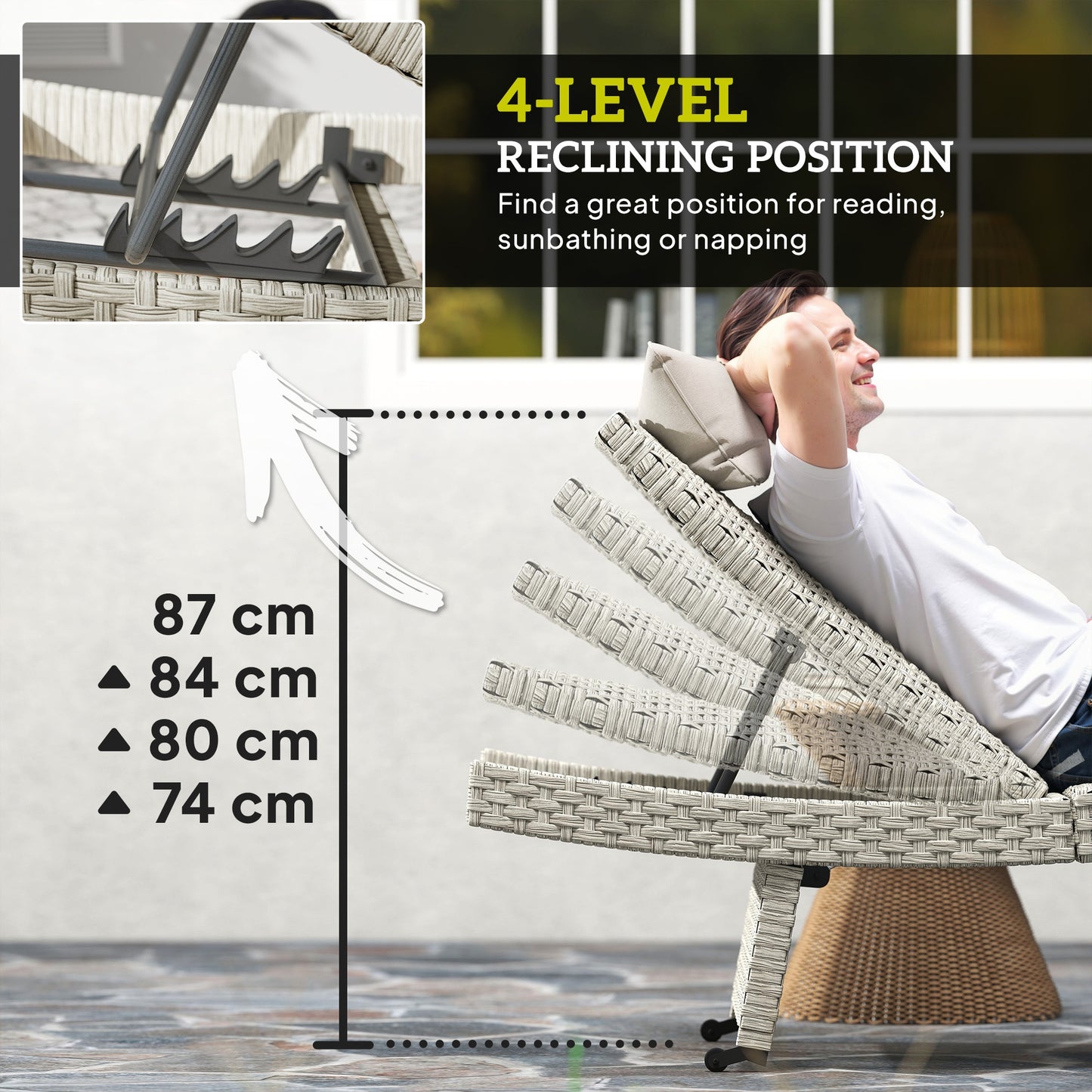 Outdoor PE Rattan Sun Lounger, Folding Wicker Garden Lounger Recliner with 4-Level Adjustable Backrest
