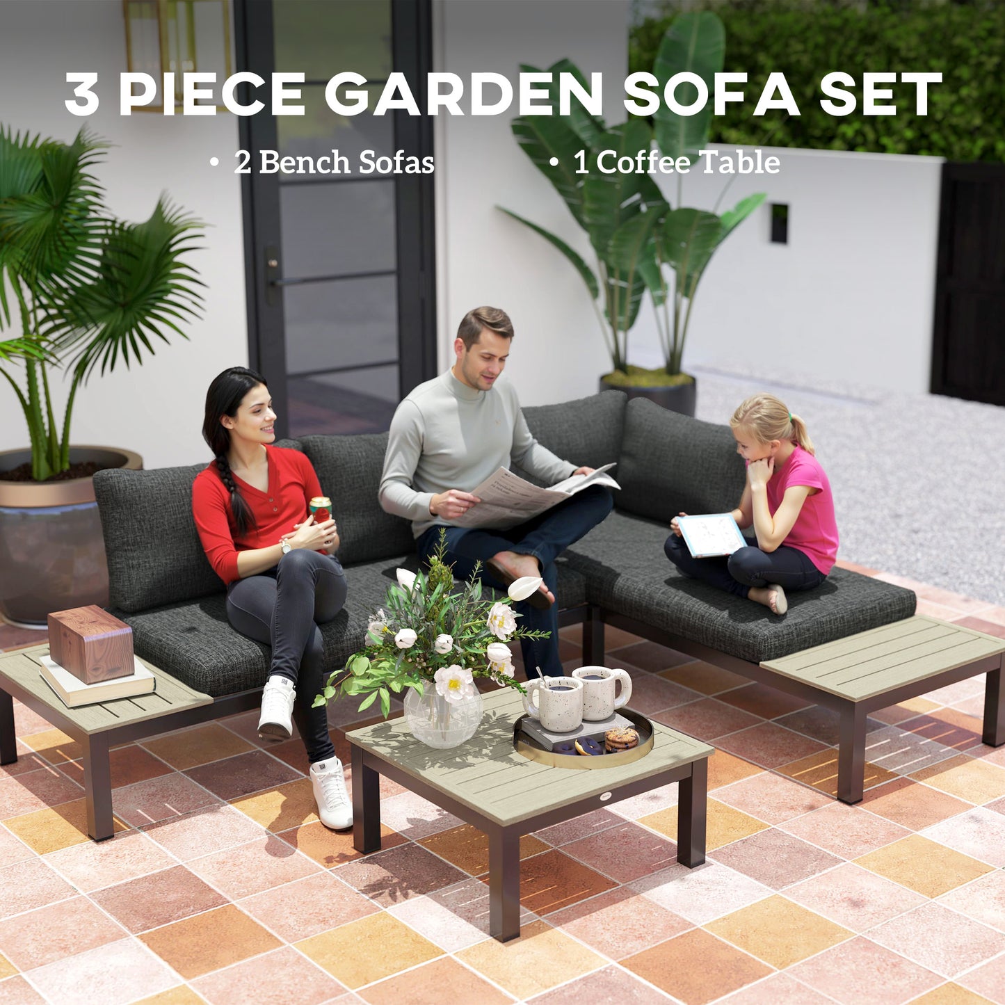 3 Pieces Garden Furniture Set, Aluminium 4 Seater Corner Sofa Set with 2 Loveseats, Coffee Table and Side Trays