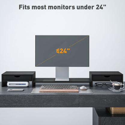 Dual Monitor Stand Riser with 2 Drawers, Adjustable Length and Angle, 116cm Monitor Riser for Laptop, Computer, PC