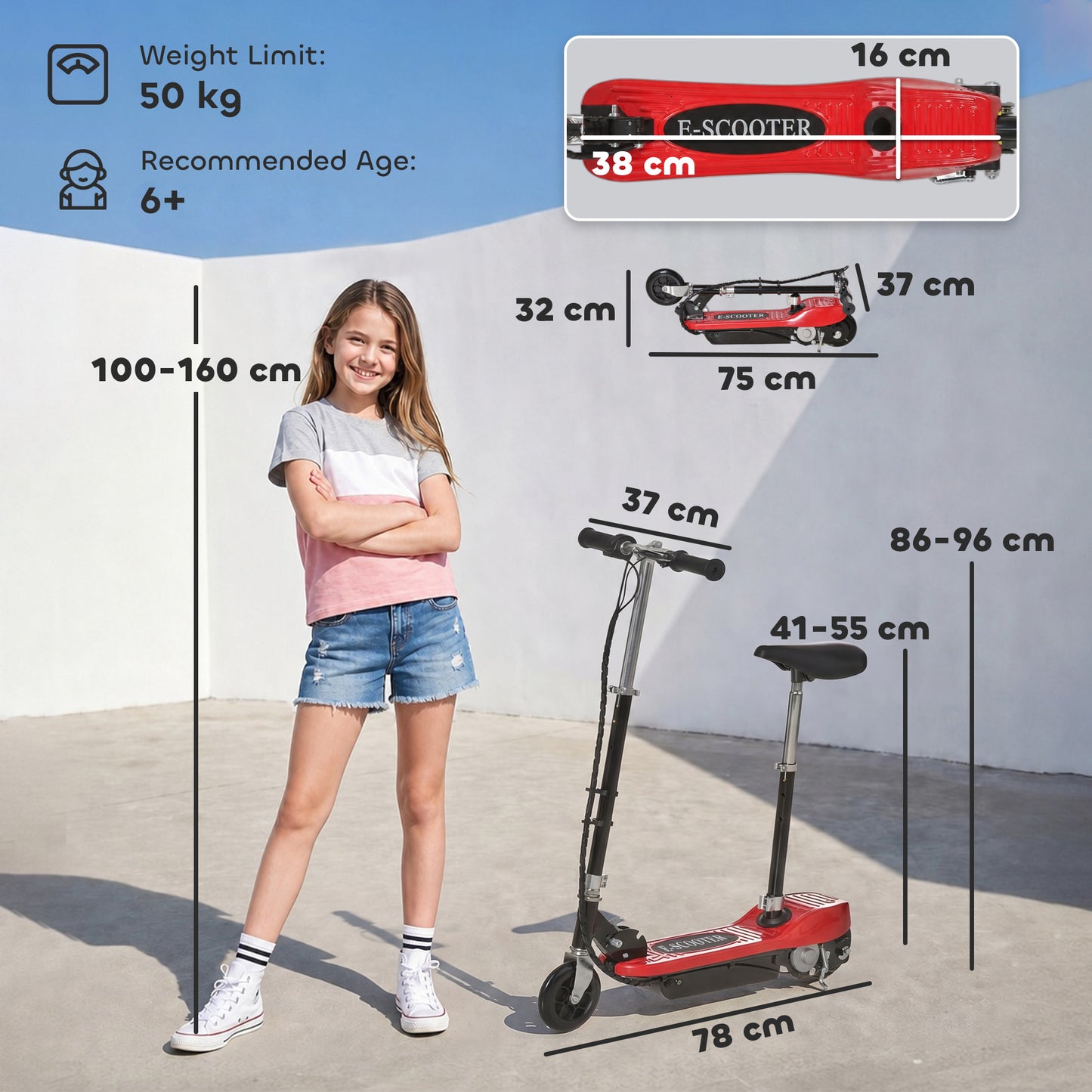Powered Powered Scooter Ride-On, with Brakes, Adjustable Seat, Adjustable Handlebars, Red