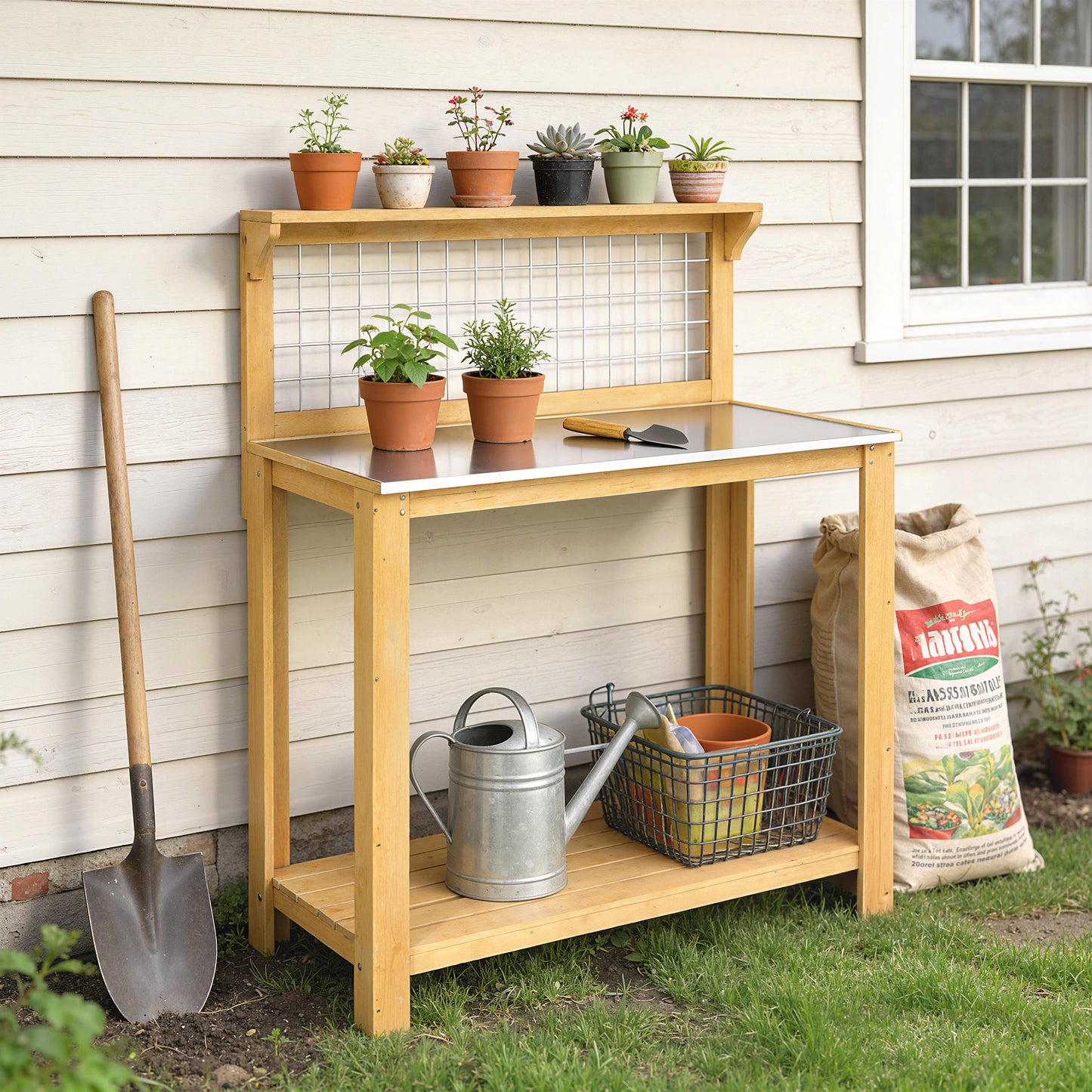 Wooden Potting Bench Table with Aluminium Worktop, Outdoor Garden Workbench with 2 Shelves