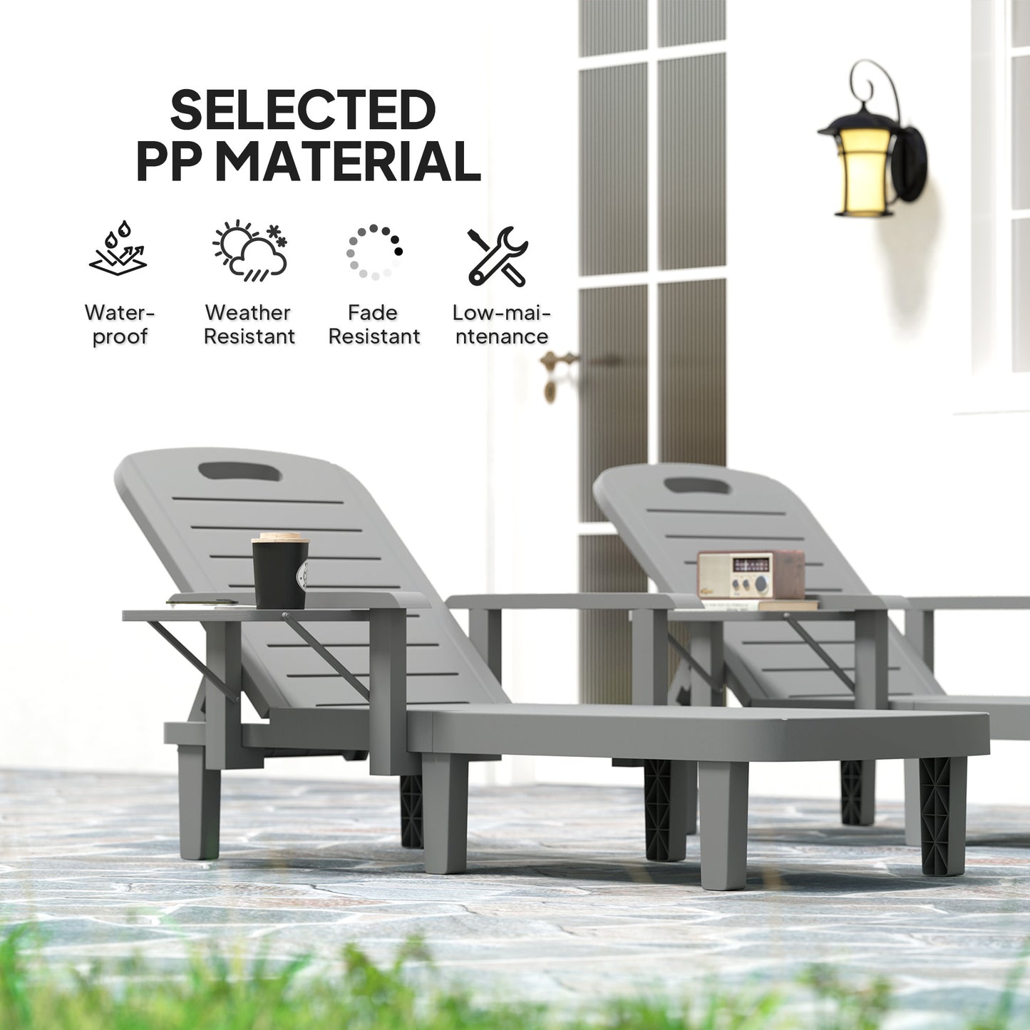 Set of 2 Reclining Sun Loungers, 5 Positions Adjustable Outdoor Chaise Lounge Chair with Armrests, Dark Grey