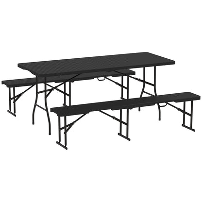 Folding Picnic Table and Bench Set, Rattan Effect Portable Camping Table and Chairs with Carrying Handles for Indoor Outdoor