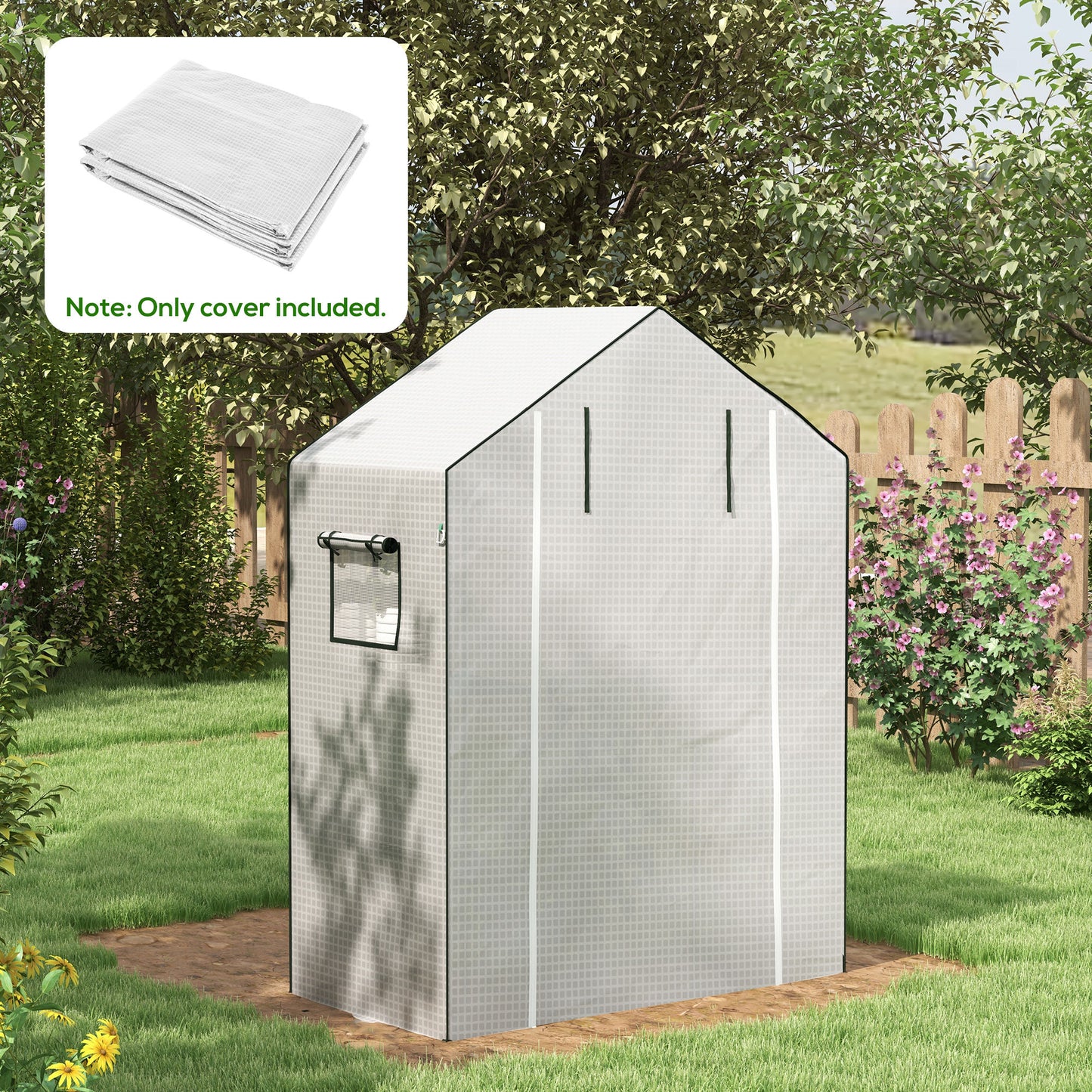 Greenhouse Cover Replacement Walk-in PE Hot House Cover with Roll-up Door and Windows, 140 x 73 x 190cm, White