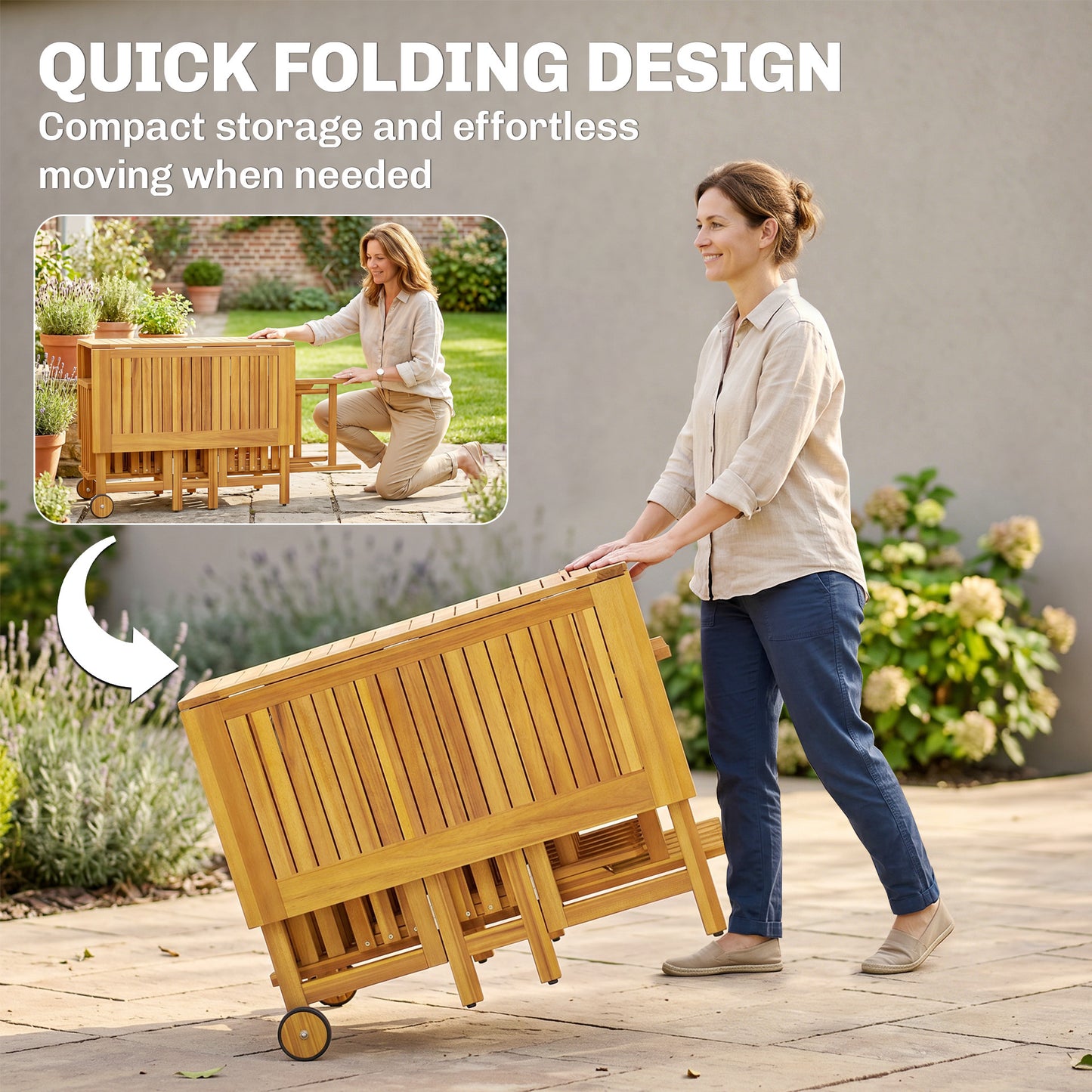 7 Pieces Garden Dining Set, Extending Dining Table and 6 Folding Chairs with Umbrella Hole for Patio, Natural Wood