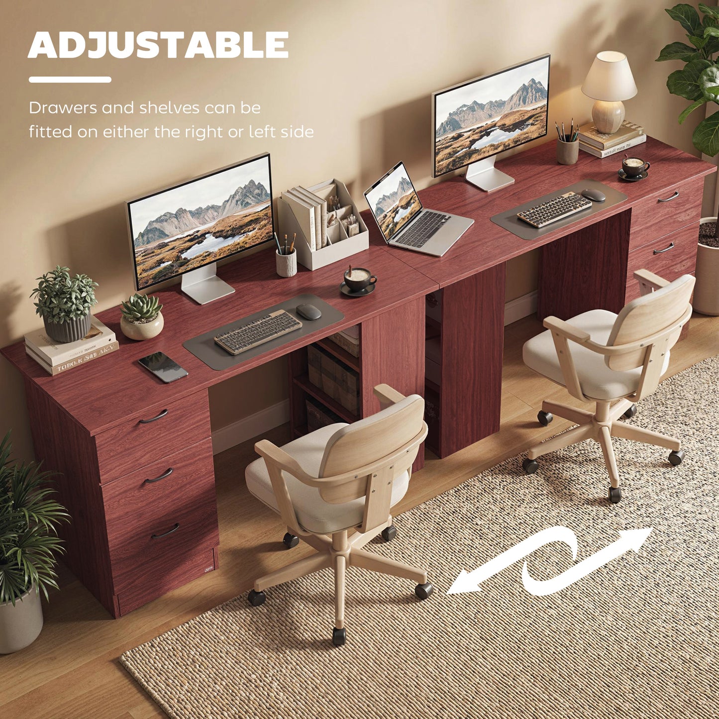 Computer Desk, Writing Table, PC Workstation with 3 Storage Shelves and Drawers, Handle, for Home Office, Walnut Brown