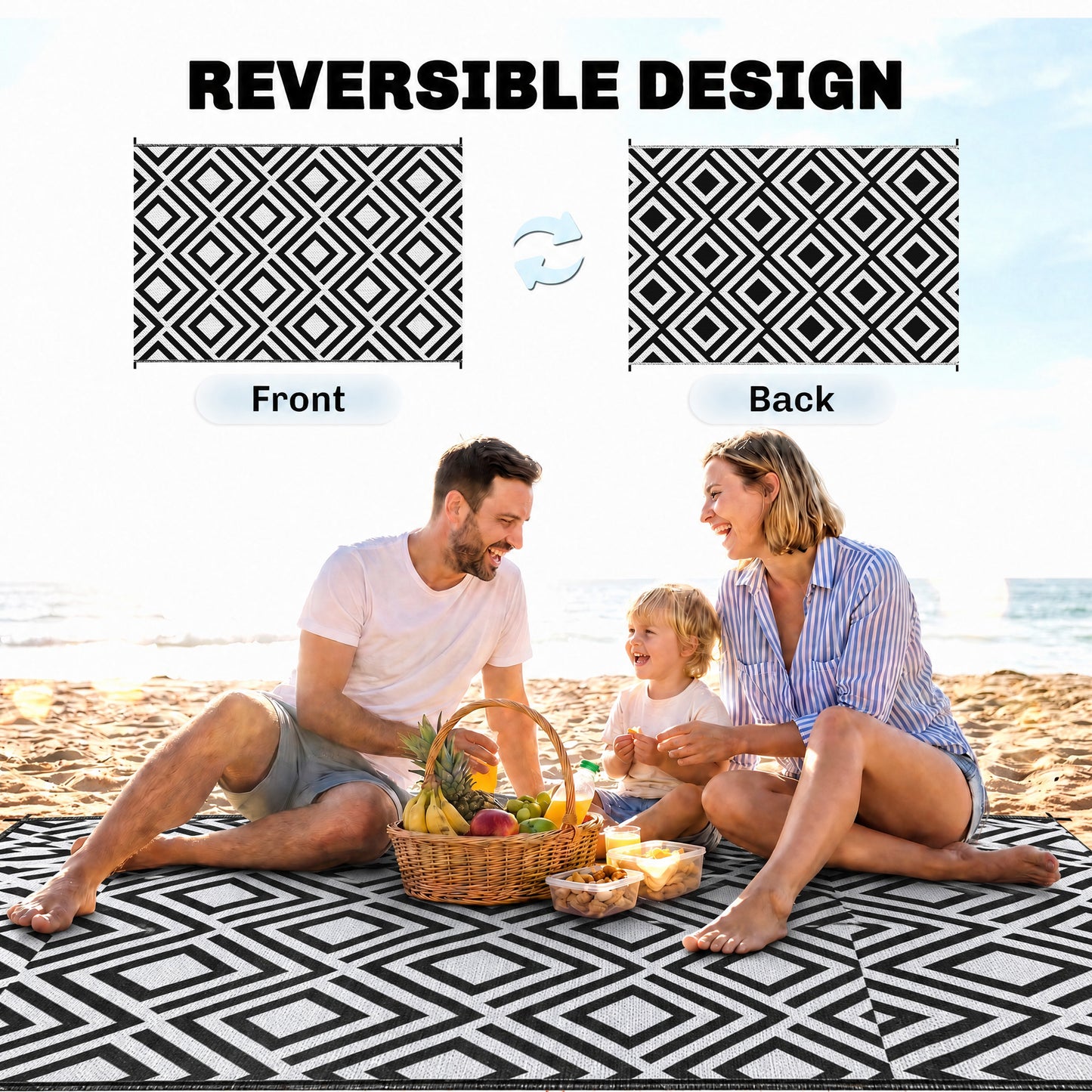 Reversible Outdoor Rug, Plastic Straw Mat w/ Carry Bag Ground Stakes for Garden RV Picnic Beach Camping 182x274cm Black