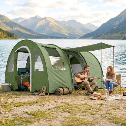 4 Man Camping Tent with 2 Room, Floor and Carry Bag - Green