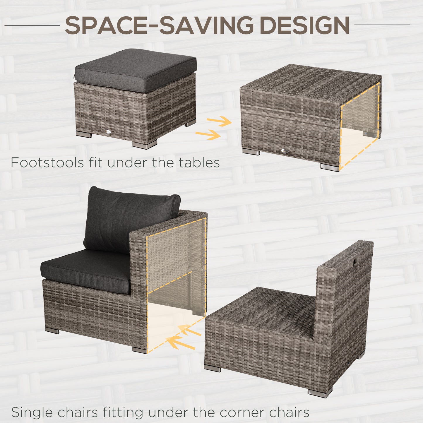 8 Pieces Rattan Garden Furniture Set, Garden Corner Sofa Set with 4 Chairs, 2 Footstools, 2 Coffee Tables and Cushions