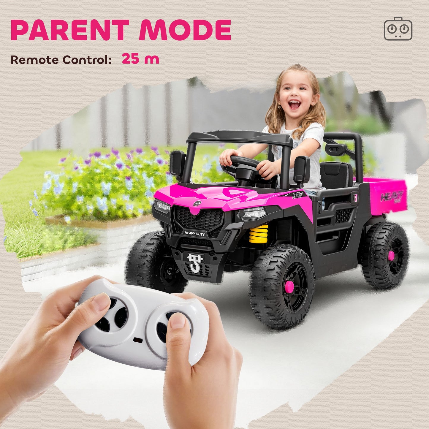 Kids Ride on Car, 12V Electric Kids UTV with Electric Dump Bed, 4-Wheel Suspension for 3-8 Years, Pink