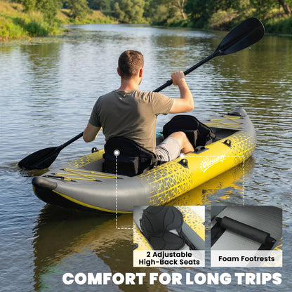 12.5' Inflatable Kayak Set, 2-person Sit on Canoe with Aluminium Oars, Grey and Yellow