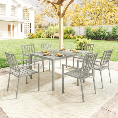 Garden Table and Chairs for 6, 7 Pieces Garden Furniture Set with Table, 6 Stackable Chairs and Umbrella Hole Light Grey