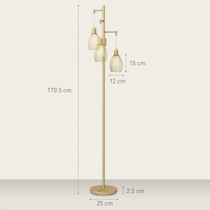 3-Light Floor Lamp, 170cm Industrial Dimmable Standing Lamp with Steel Wire Cage Lampshades for Living Room, Bedroom