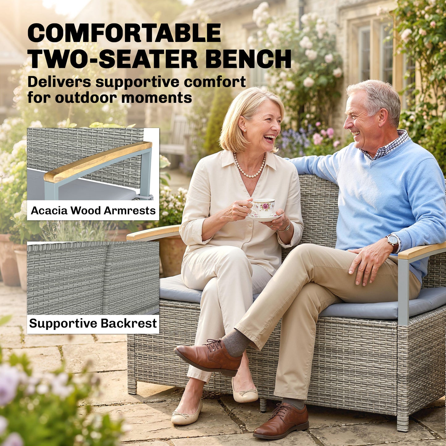 170 L Garden Storage Bench with Zipped Liner, 2 Seater Rattan Garden Bench with Storage, Gas Strut, Cushion, Light Grey