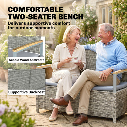 170 L Garden Storage Bench with Zipped Liner, 2 Seater Rattan Garden Bench with Storage, Gas Strut, Cushion, Light Grey