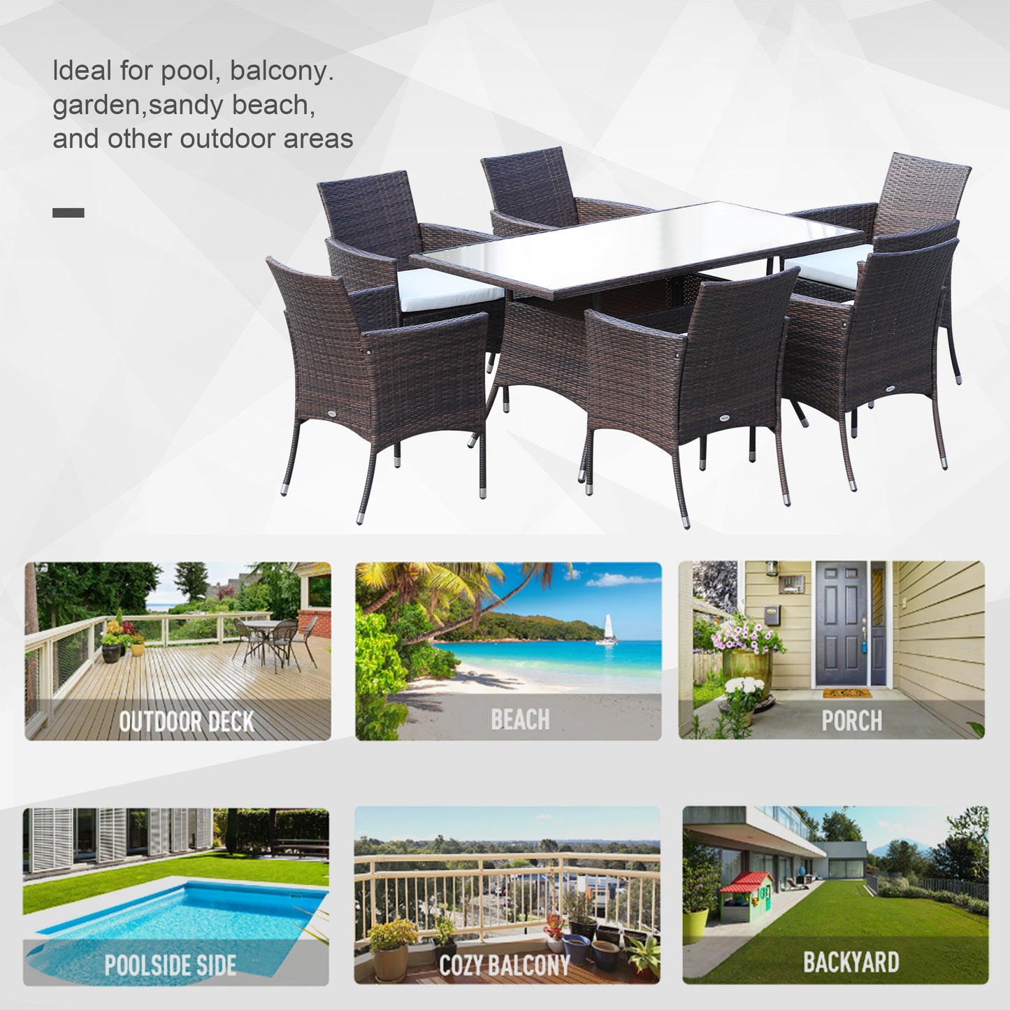 6 Seater Rattan Dining Set with Cushions, Rattan Garden Furniture Set with 6 Armchairs, Rectangular Glass Top Table