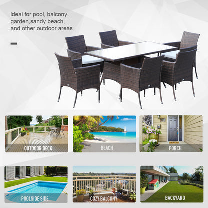 6 Seater Rattan Dining Set with Cushions, Rattan Garden Furniture Set with 6 Armchairs, Rectangular Glass Top Table