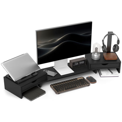 Dual Monitor Stand Riser with 2 Drawers, Adjustable Length and Angle, 116cm Monitor Riser for Laptop, Computer, PC