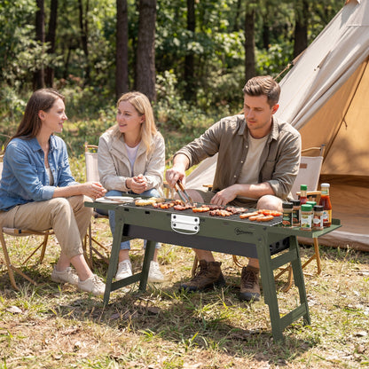 Portable BBQ Grill, Foldable Charcoal Grill for Camping and Picnics with 2 Side Shelves and Handle, Green