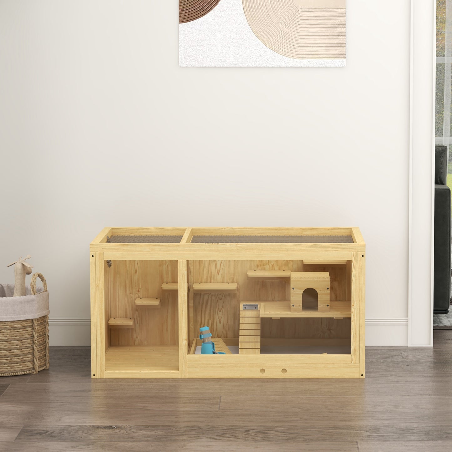Wooden Hamster Cage with Water Bottle, Platforms, Openable Roof, Sliding Tray, Hut, Seesaws, Natural Wood Finish