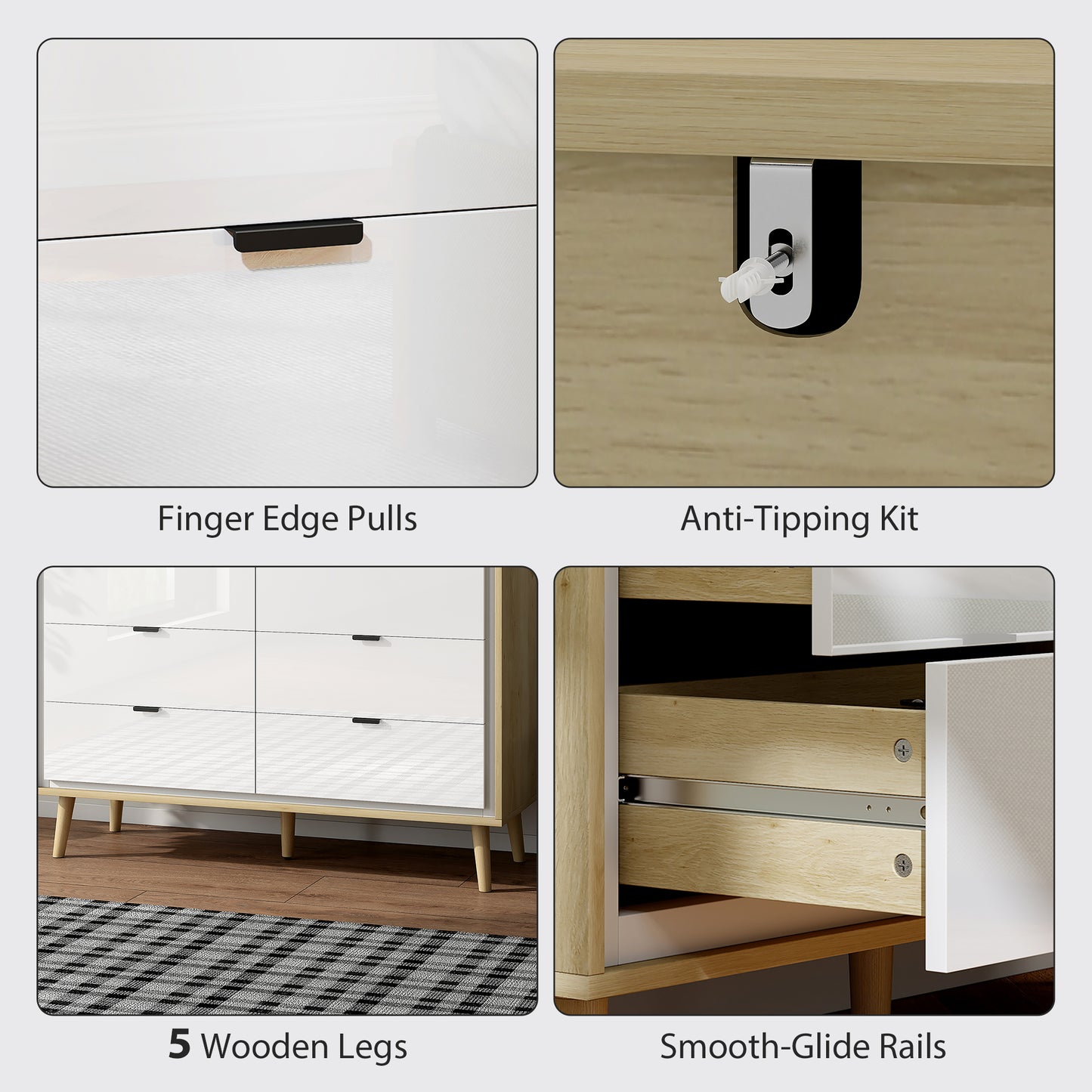 Storage Cabinet, Chest of Drawers with 6 Drawers and 5 Legs for Bedroom, High Gloss White