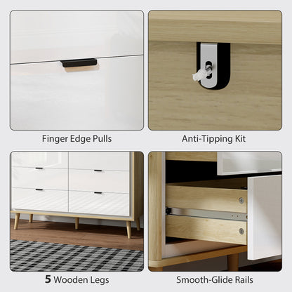 Storage Cabinet, Chest of Drawers with 6 Drawers and 5 Legs for Bedroom, High Gloss White