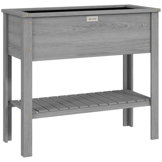 Wooden Raised Garden Bed, Elevated Planter Box with Storage Shelf and Drainage Holes, Raised Planter with Legs, Grey