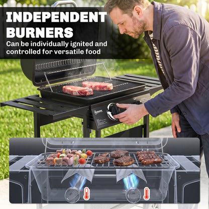 Gas Burner Barbecue Grill, 2 Burner Gas Grill with Side Tables, Warming Rack, Shelf, Thermometer, Grease Tray, Black