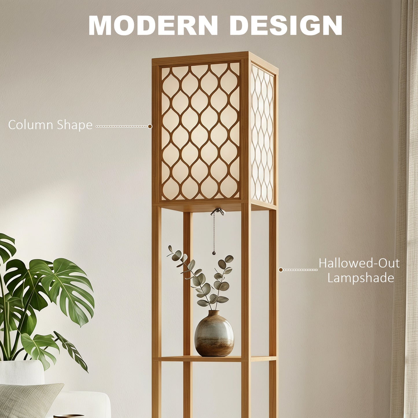 Floor Lamp with Shelves, Modern Tall Standing Lamp with Fabric Lampshades, Zipper Switch, Natural Wood Finish