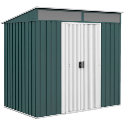 6.5 x 4FT Galvanised Metal Shed with Foundation Kit, Lockable Tool Garden Shed with Double Sliding Doors, Vents, Green