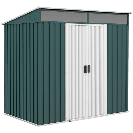 6.5 x 4FT Galvanised Metal Shed with Foundation Kit, Lockable Tool Garden Shed with Double Sliding Doors, Vents, Green