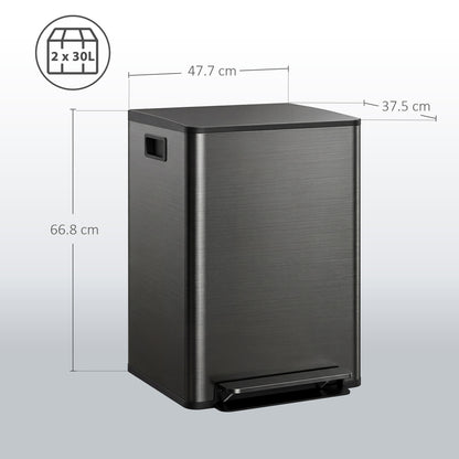 60L Dual Compartment Stainless Steel Bin, with Deodoriser Holders - Black