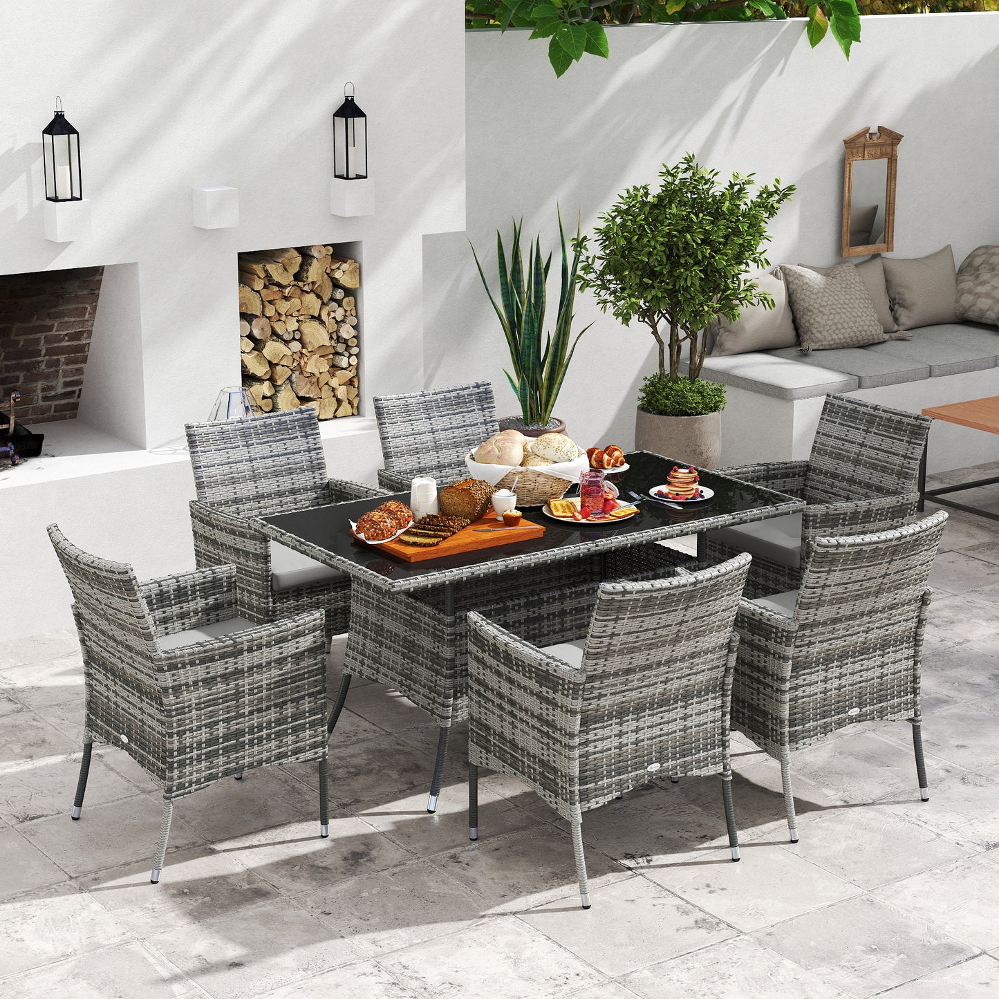 7-Piece Rattan Garden Furniture Set with Cushions, 6 Seater Garden Table and Chairs, Rattan Dining Set with 6 Armchairs