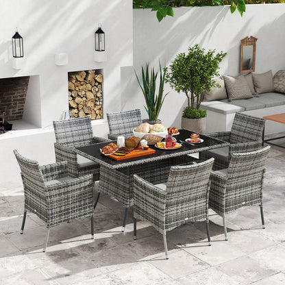 7-Piece Rattan Garden Furniture Set with Cushions, 6 Seater Garden Table and Chairs, Rattan Dining Set with 6 Armchairs