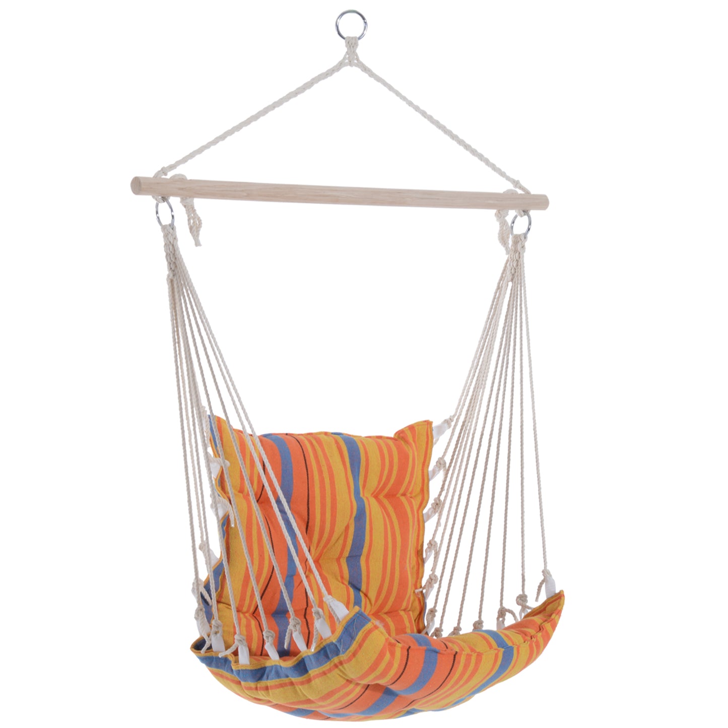 Outdoor Hanging Rope Chair with Soft Padded Seat & Backrest, Garden Hammock Chair with Wooden Support Bar Cotton Cloth