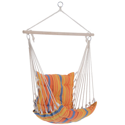 Outdoor Hanging Rope Chair with Soft Padded Seat & Backrest, Garden Hammock Chair with Wooden Support Bar Cotton Cloth