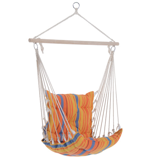 Outdoor Hanging Rope Chair with Soft Padded Seat & Backrest, Garden Hammock Chair with Wooden Support Bar Cotton Cloth