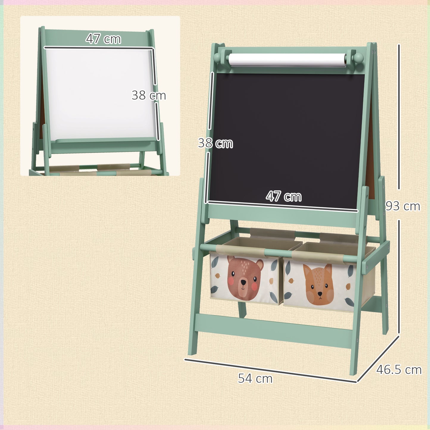 Three-In-One Kids Easel with Paper Roll, Art Easel, with Storage - Green